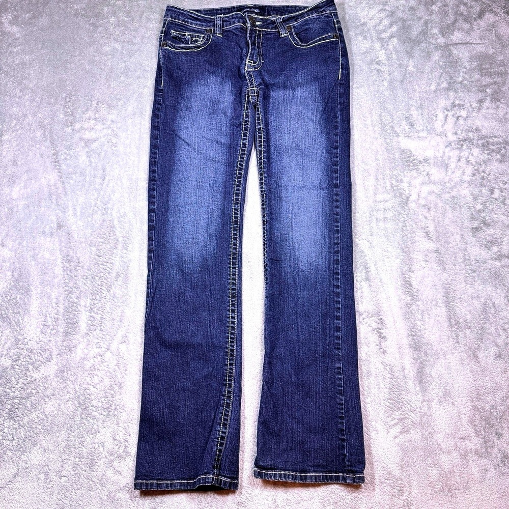 Clash Y2K Low Rise Bootcut Jeans Womens 9 Stretch Embroidered Blue Denim